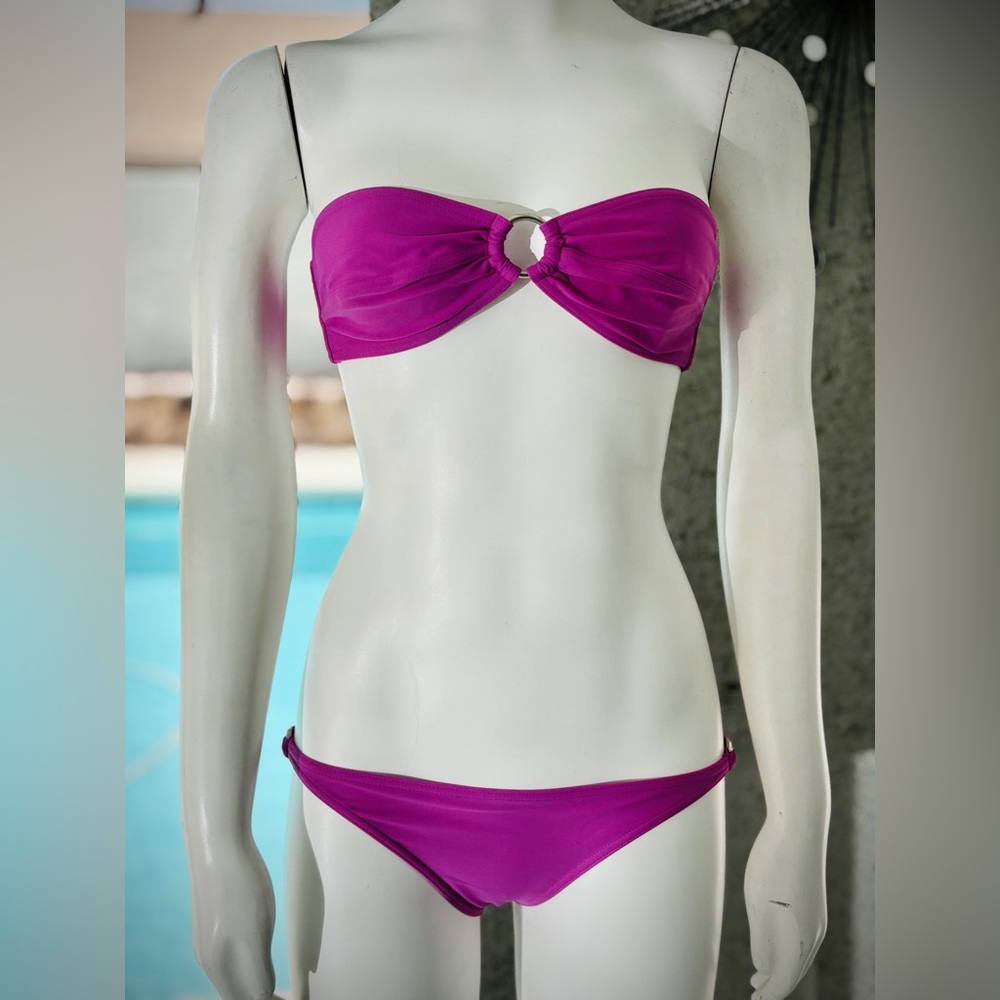Tomas Maier Violet Strapless Bandeau Bikini Top & Bottom w/ Ring Accents Sz S